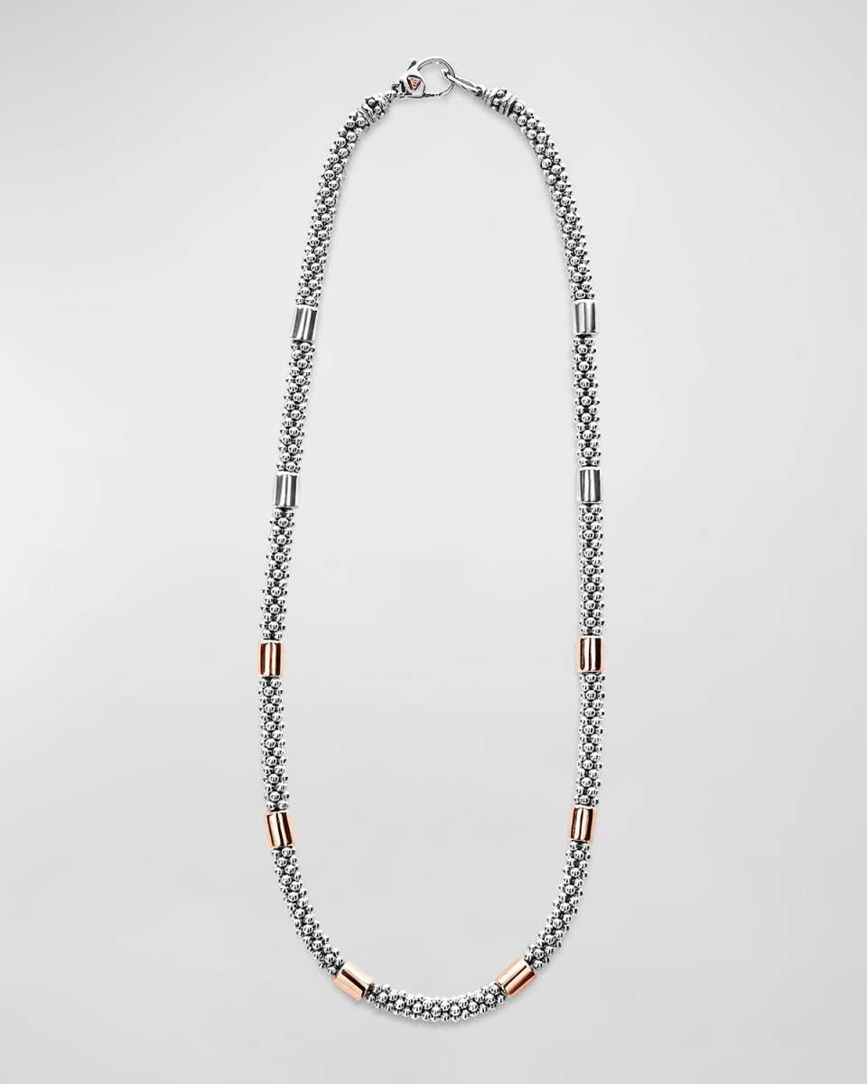 High Bar Two-Tone Rose Gold 7mm Smooth Station 5mm Rope Necklace